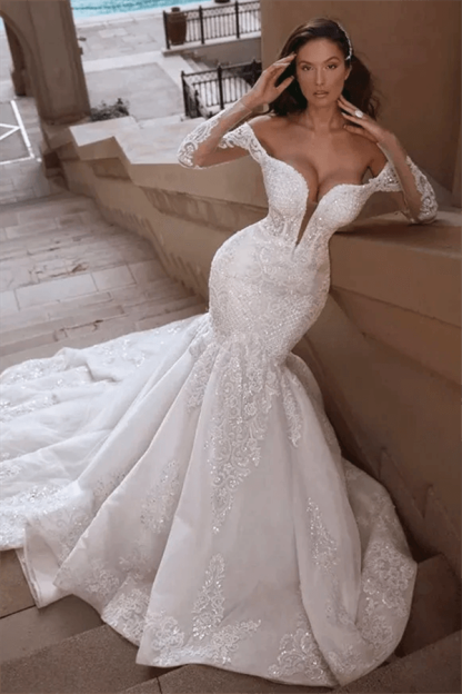 Long Sleeve Mermaid Long Train White Wedding Dress Tulle Bridal Gown