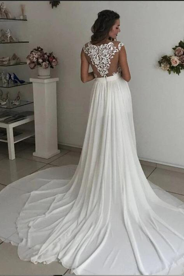 Cap Sleeve V-Neck Chiffon Front Split Court Train Dress