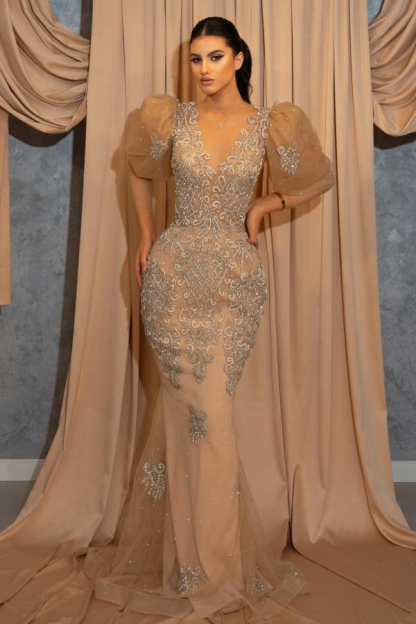 Champagne Evening Dress with Sleeves Long Lace Mermaid Prom Dresses