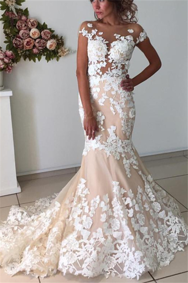Champagne Pink Lace Applique Short Sleeve Mermaid Backless Wedding Dress