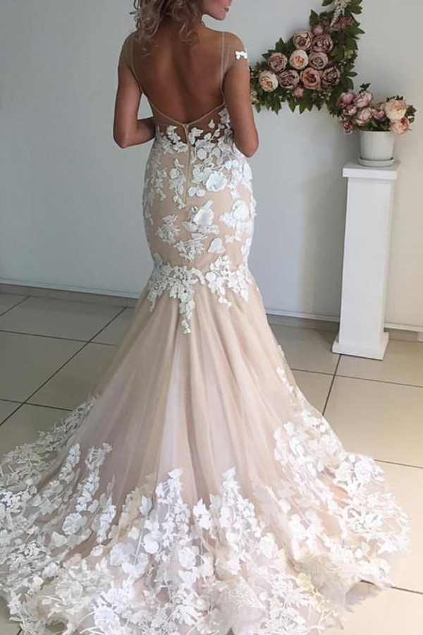 Champagne Pink Lace Applique Short Sleeve Mermaid Backless Wedding Dress