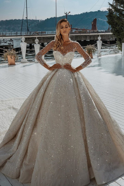 Glitter Champagne Winter Sweetheart Ball Gown Wedding Dress with Sleeves