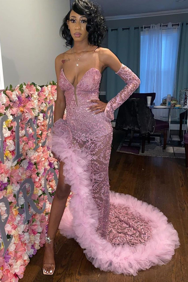 Charming Beadings Mermaid Evening Dress with Sweep Train Feather Side Split Prom Dress