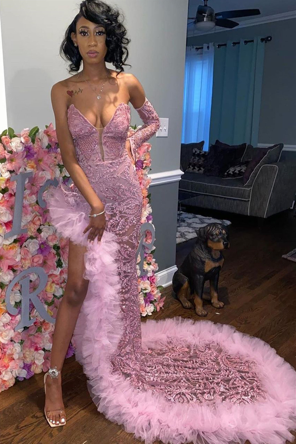 Charming Beadings Mermaid Evening Dress with Sweep Train Feather Side Split Prom Dress
