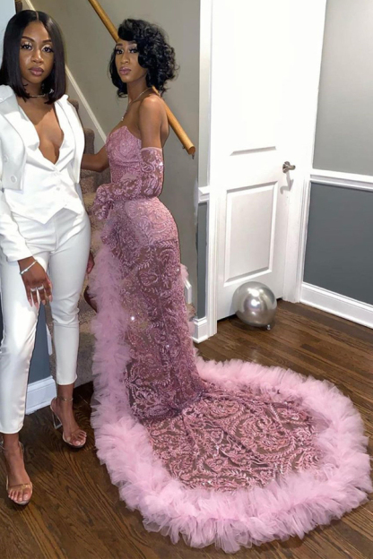 Charming Beadings Mermaid Evening Dress with Sweep Train Feather Side Split Prom Dress
