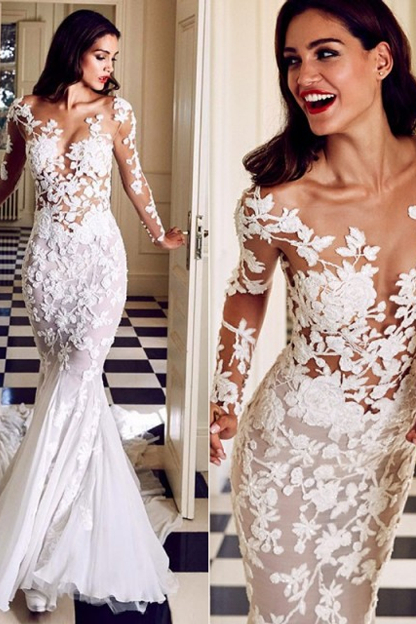 Charming Crew Neck Long Sleeve Mermaid Wedding Dress with Lace Appliques