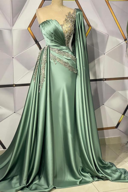 Charming Designer Sage Green Long Prom Dress with Cape