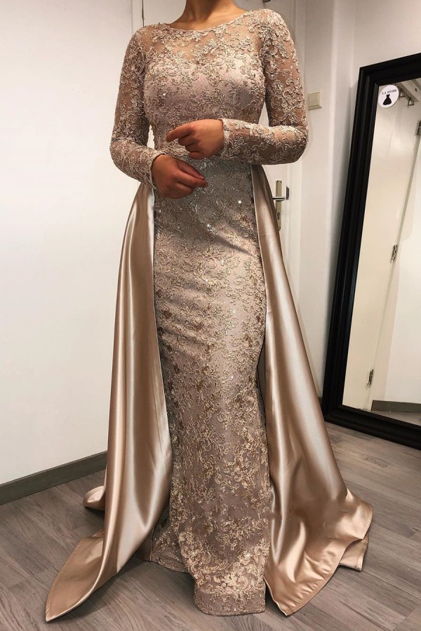 Charming Long Sleeve Beaded Mermaid Prom Dress with Satin Detachable Train