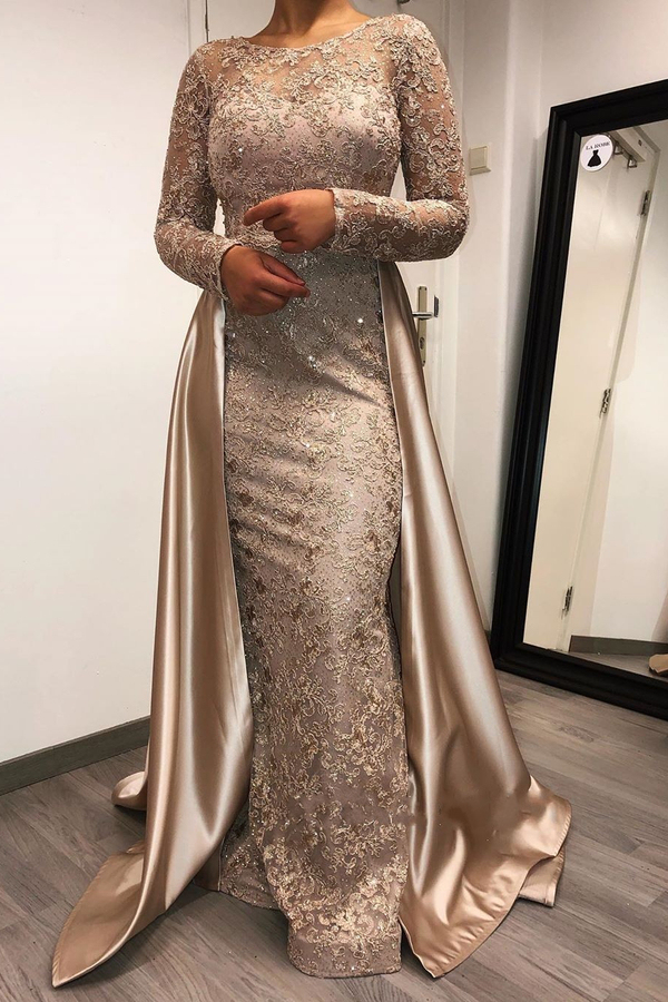 Charming Long Sleeve Beaded Mermaid Prom Dress with Satin Detachable Train