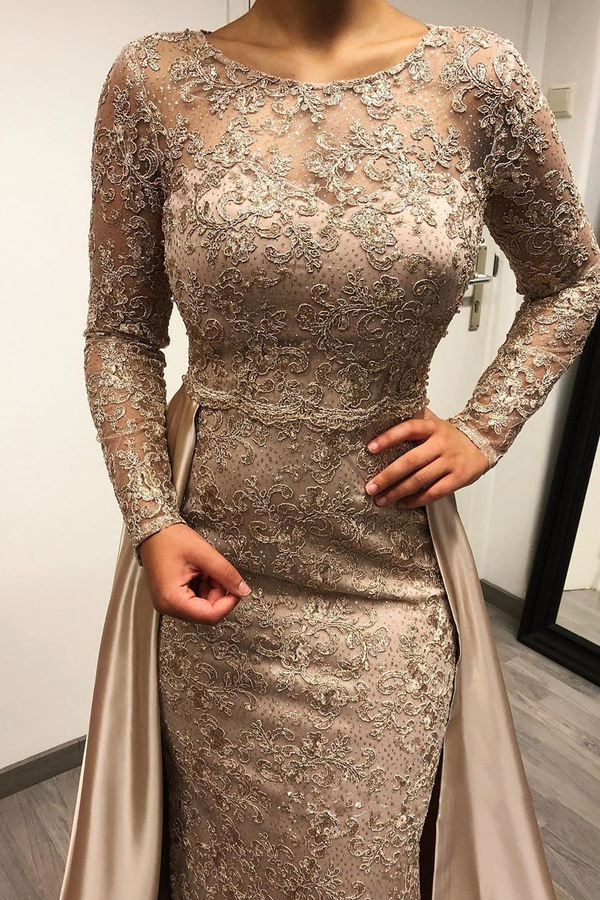 Charming Long Sleeve Beaded Mermaid Prom Dress with Satin Detachable Train