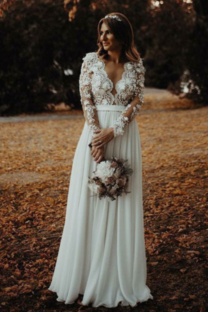 Charming Long Sleeve Lace Applique Front Split Bridal Gown with V-Neck