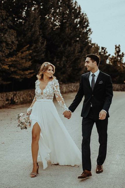 Charming Long Sleeve Lace Applique Front Split Bridal Gown with V-Neck
