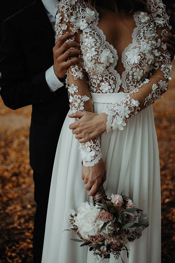 Charming Long Sleeve Lace Applique Front Split Bridal Gown with V-Neck