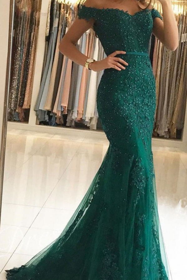 Charming Off-Shoulder Mermaid Tulle Lace Evening Prom Dress