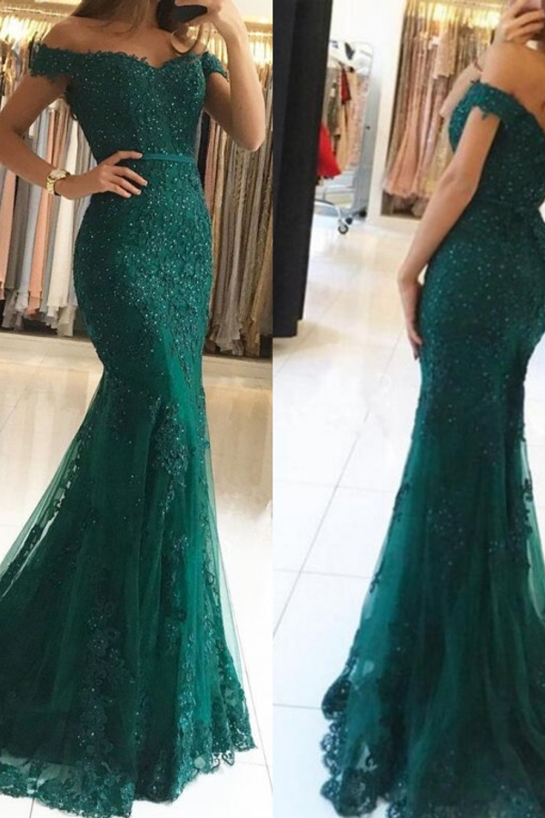 Charming Off-Shoulder Mermaid Tulle Lace Evening Prom Dress