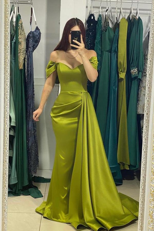 Charming Off-the-Shoulder Satin Mermaid Evening Gown with Side Sweep Train