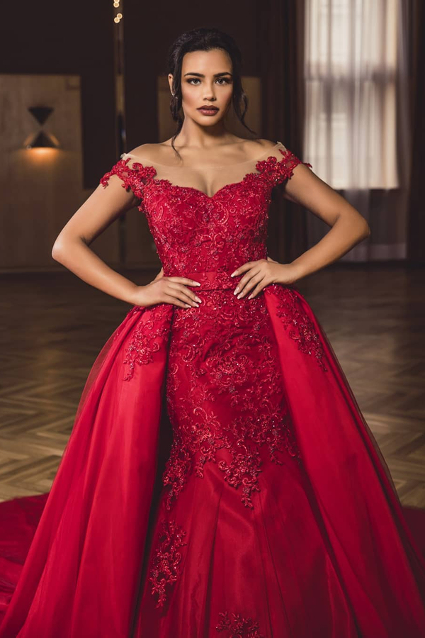 Charming Red Off Shoulder Lace Appliques Mermaid Prom Gown with Detachable Train
