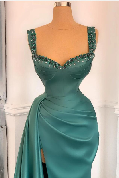 Charming Ruched Satin Mermaid Evening Gown with Long Sweep Train