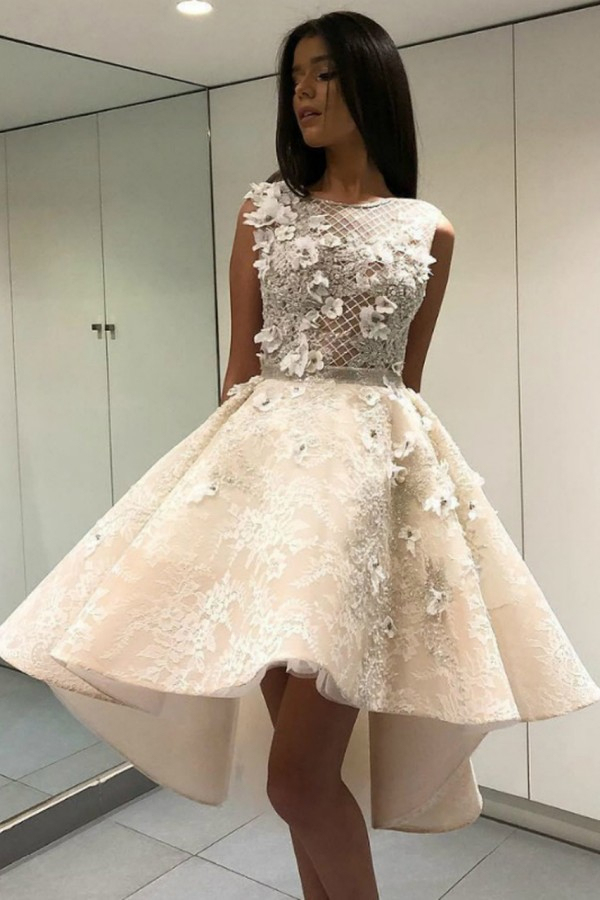 Charming Sleeveless 3D Floral Hi-Lo Party Dress Scoop Neck Lace Cocktail Dress