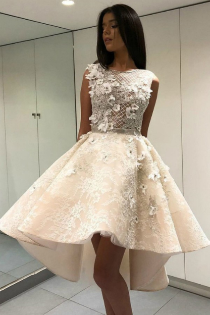Charming Sleeveless 3D Floral Hi-Lo Party Dress Scoop Neck Lace Cocktail Dress