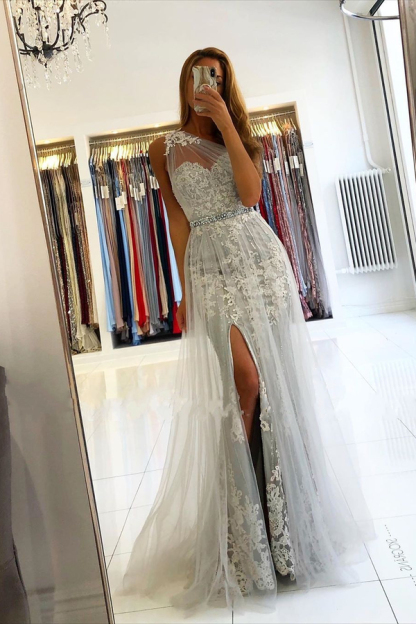 Charming Sleeveless Lace Mermaid Evening Dress with Side Split Tulle Train