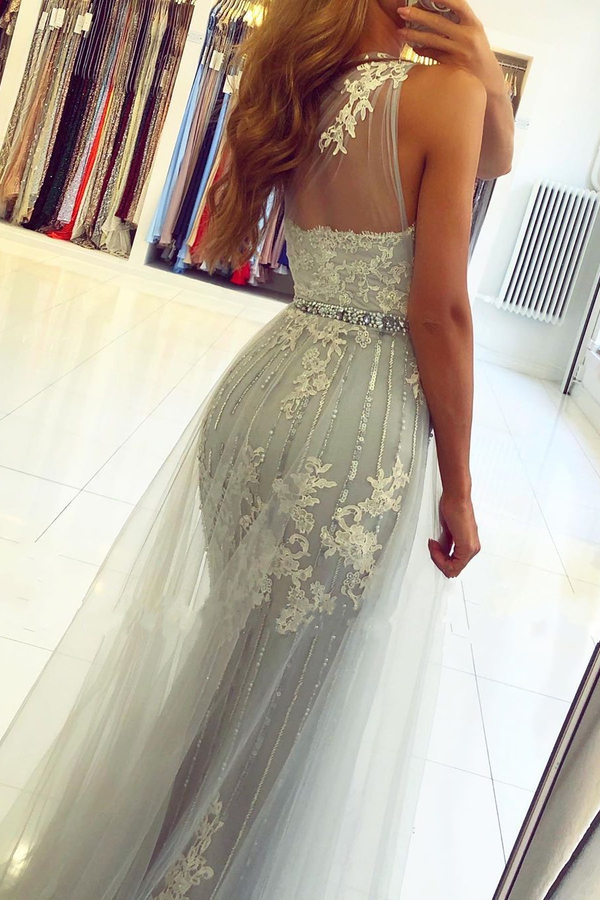 Charming Sleeveless Lace Mermaid Evening Dress with Side Split Tulle Train