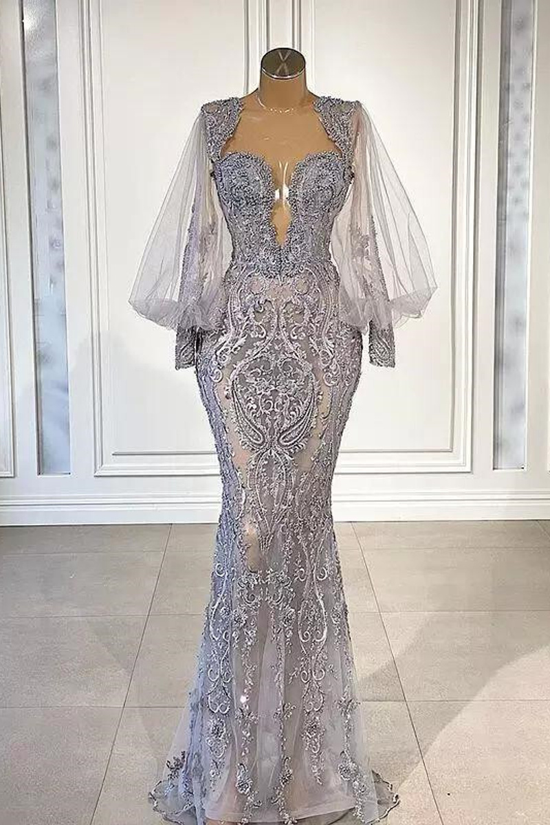 Charming Tulle Floral Mermaid Evening Prom Dress | Puffy Sleeves Sweetheart Party Dress