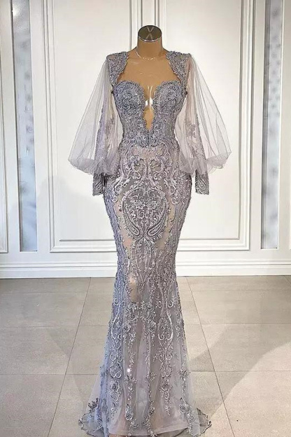 Charming Tulle Floral Mermaid Evening Prom Dress | Puffy Sleeves Sweetheart Party Dress