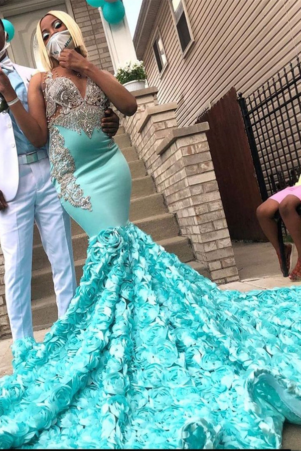 Charming V-Neck 3D Floral Print Mermaid Evening Gown with Sweep Train