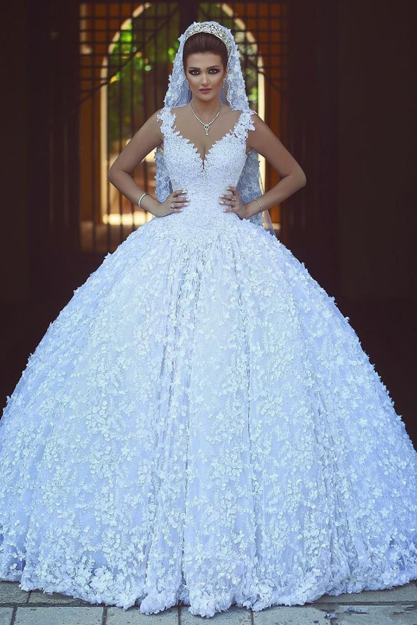 Charming V-Neck Empire Lace Applique Sleeveless Ball Gown Wedding Dress