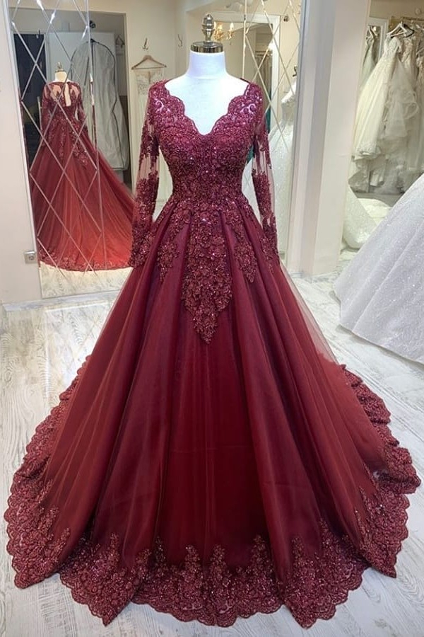 Charming V-Neck Lace Tulle Evening Maxi Dress Long Sleeves