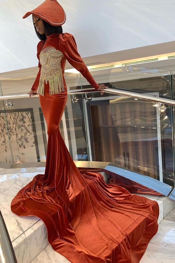 Charming Velvet Long Sleeve Prom Dress with Gold Appliques