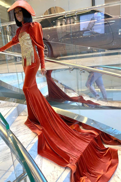 Charming Velvet Long Sleeve Prom Dress with Gold Appliques