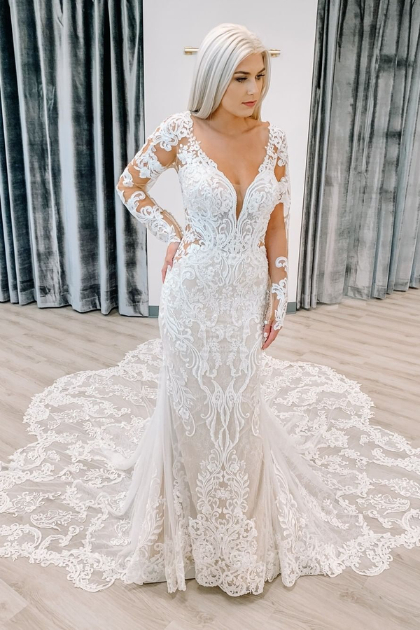 Chic Lace Long Sleeve Court Train Column Wedding Dress