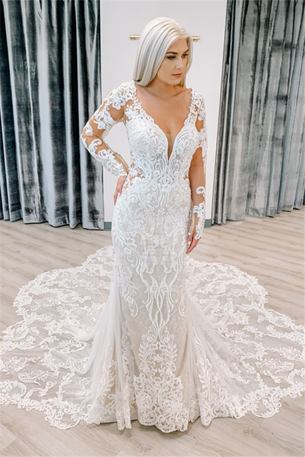 Chic Lace Long Sleeve Court Train Column Wedding Dress