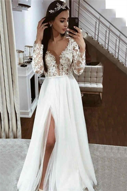 Chic Long Sleeve Lace Modest High Split A-Line Wedding Dress