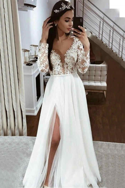 Chic Long Sleeve Lace Modest High Split A-Line Wedding Dress
