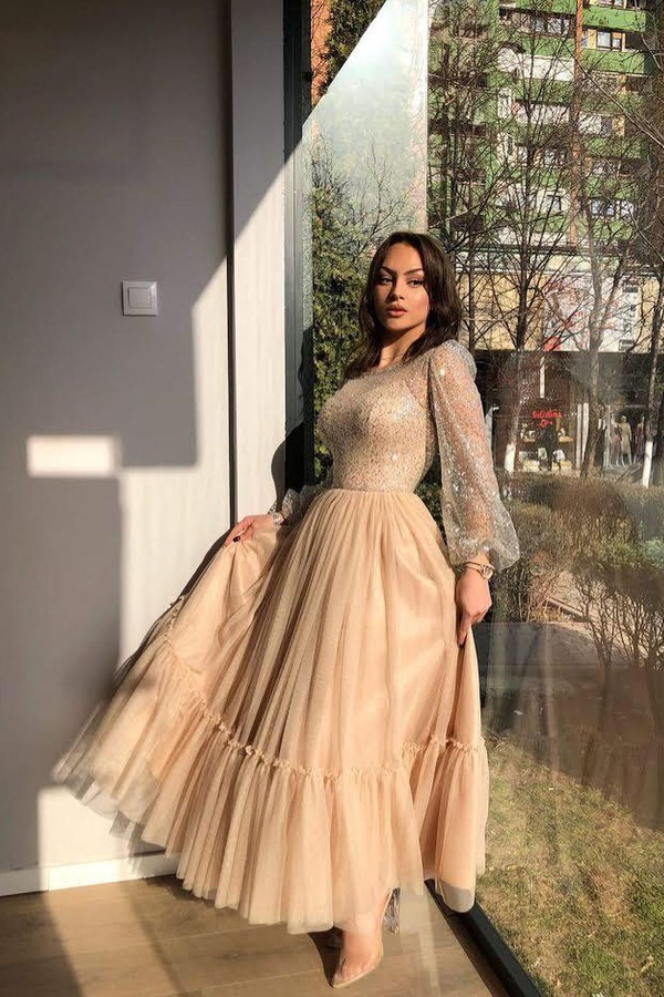 Chic Long Sleeves Tulle A-line Party Dress Ankle Length Daily Wear Dress