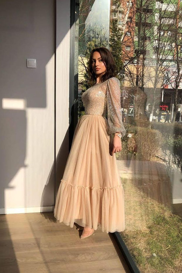 Chic Long Sleeves Tulle A-line Party Dress Ankle Length Daily Wear Dress