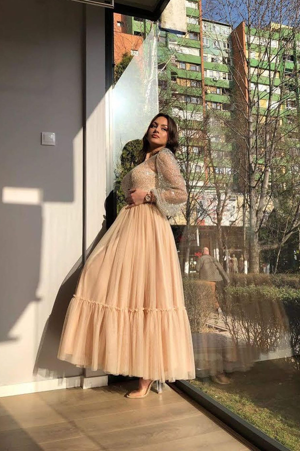 Chic Long Sleeves Tulle A-line Party Dress Ankle Length Daily Wear Dress