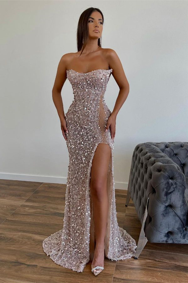 Chic Sequined Floor-Length Strapless A-Line Prom Dress with Front Slit