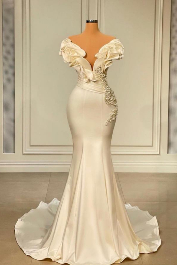 Chic Sleeveless Mermaid Prom Dress Ruffle Sleeve Satin Party Dress