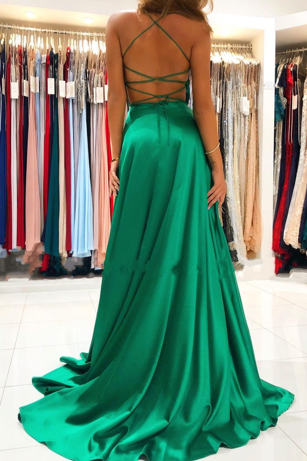 Chic Spaghetti Strap Satin A-Line Evening Maxi Dress with Side Split