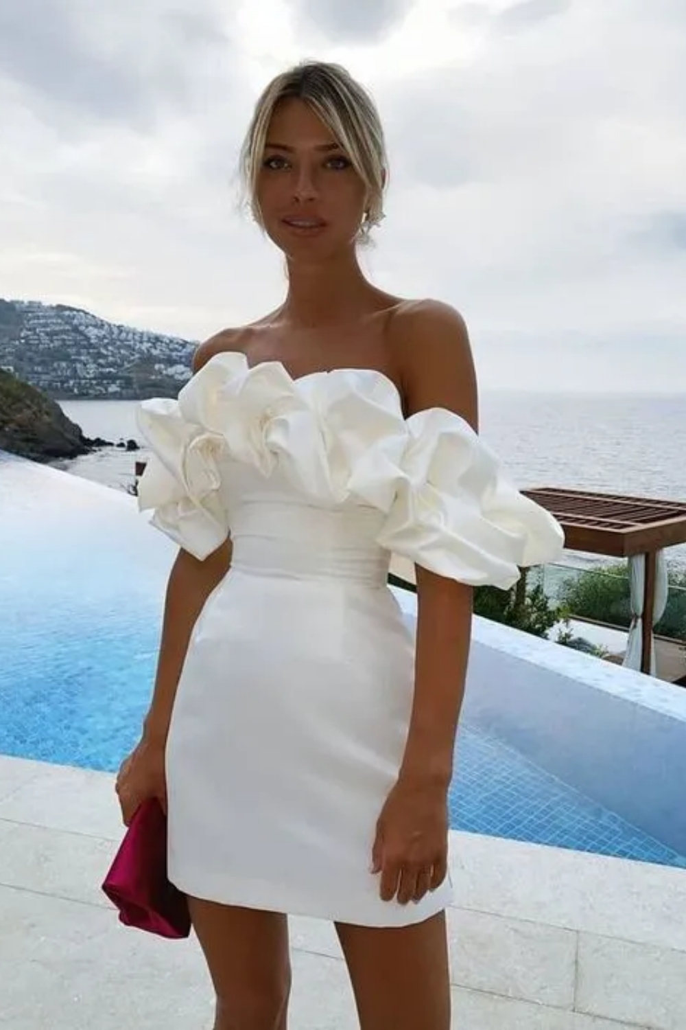 Chic Strapless Off-the-Shoulder Mini Stretch Satin Prom Dress