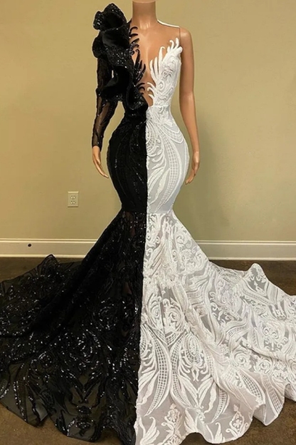 Chicloth Bi Color Mermaid Prom Dress Sequins One Shoulder Long Party Dress