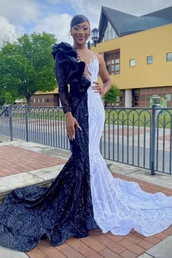 Chicloth Bi Color Mermaid Prom Dress Sequins One Shoulder Long Party Dress