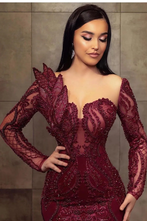 Chicloth Burgundy Long Sleeves Mermaid Prom Dress Long With Beadings