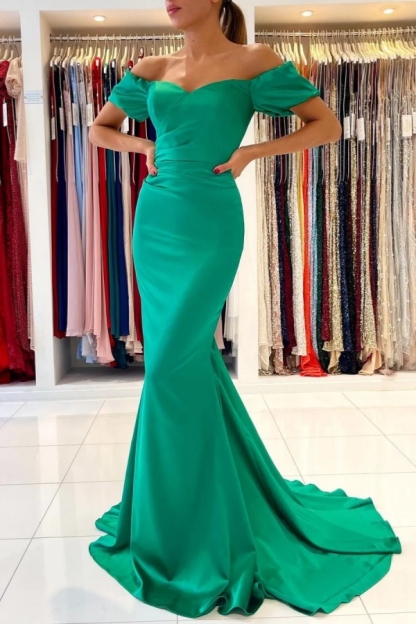 Chicloth Emerald Green Mermaid Prom Dress Off-the-Shoulder Satin Long Party Dress