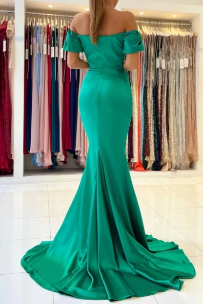 Chicloth Emerald Green Mermaid Prom Dress Off-the-Shoulder Satin Long Party Dress
