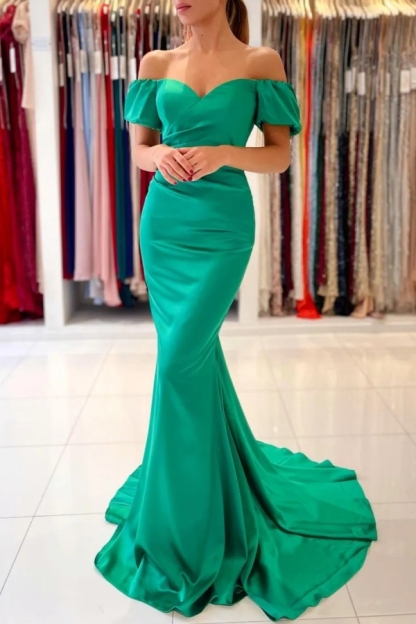 Chicloth Emerald Green Mermaid Prom Dress Off-the-Shoulder Satin Long Party Dress